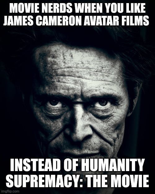 Movie Nerds meme | Movie nerds when you like James Cameron Avatar films; Instead of humanity supremacy: the movie | image tagged in willem dafoe stare,movies,avatar | made w/ Imgflip meme maker