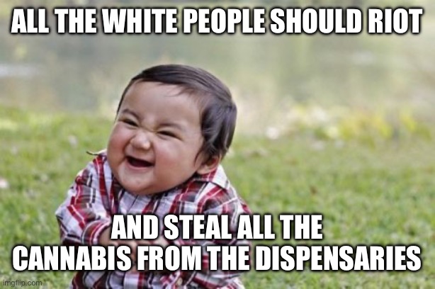 All the white people should riot And steal all the cannabis from the dispensaries | image tagged in memes,evil toddler | made w/ Imgflip meme maker