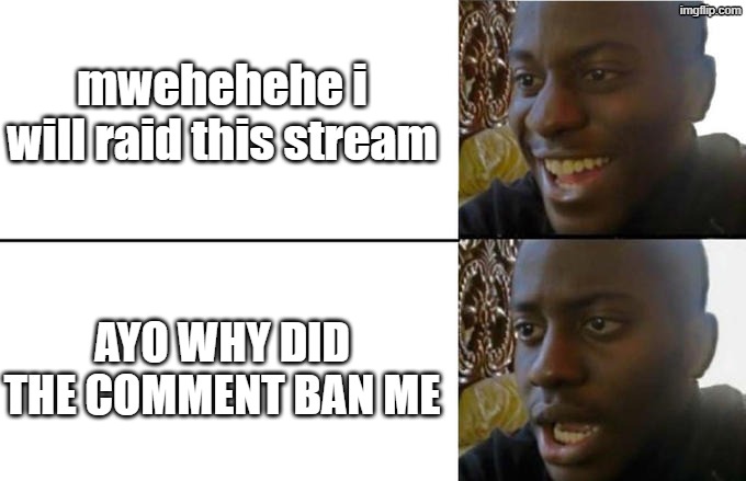 Disappointed Black Guy (Official Version) | mwehehehe i will raid this stream AYO WHY DID THE COMMENT BAN ME | image tagged in disappointed black guy official version | made w/ Imgflip meme maker