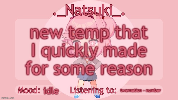 ._Natsuki_. anounce temp | new temp that I quickly made for some reason; twernation - number; idle | image tagged in _natsuki_ anounce temp | made w/ Imgflip meme maker