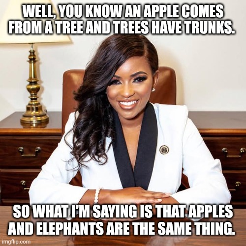 The ignorance is astonishing with this woman | Well, you know an apple comes from a tree and trees have trunks. So what I'm saying is that apples and elephants are the same thing. | image tagged in jasmine crockett,democrats,2026 | made w/ Imgflip meme maker