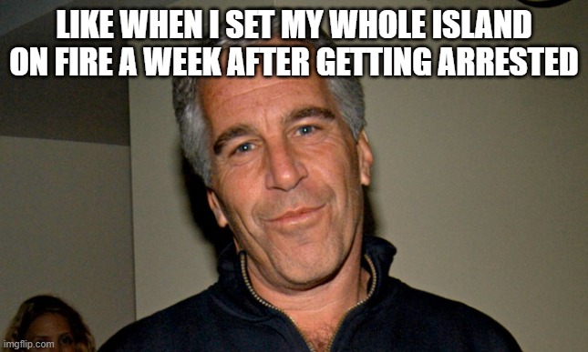 Jeffrey Epstein | like when I set my whole island on fire a week after getting arrested | image tagged in jeffrey epstein | made w/ Imgflip meme maker
