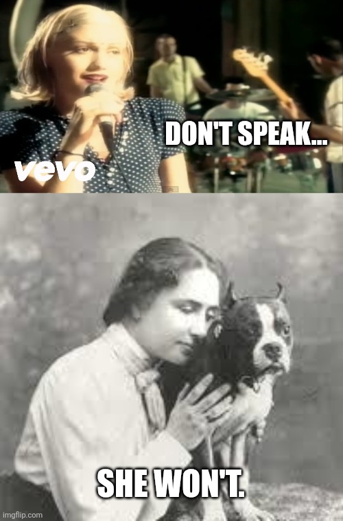 Was going to post in Dark Humour but the Mods are Nazis | Don't speak... She won't. | image tagged in no doubt gwen stefani don't speak,hellen keller | made w/ Imgflip meme maker