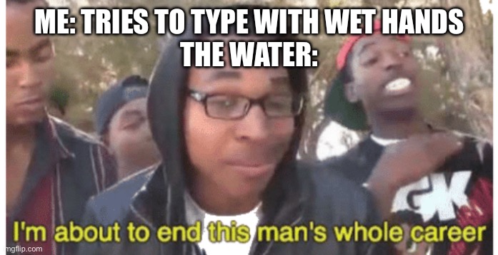 i'm gonna end this man's whole career | Me: tries to type with wet hands
The water: | image tagged in i'm gonna end this man's whole career | made w/ Imgflip meme maker