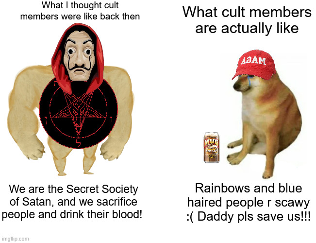 The cult members say I have TDS but they never say I lie | What I thought cult members were like back then; What cult members are actually like; We are the Secret Society of Satan, and we sacrifice people and drink their blood! Rainbows and blue haired people r scawy :( Daddy pls save us!!! | image tagged in memes,buff doge vs cheems,maga,fuck trump | made w/ Imgflip meme maker
