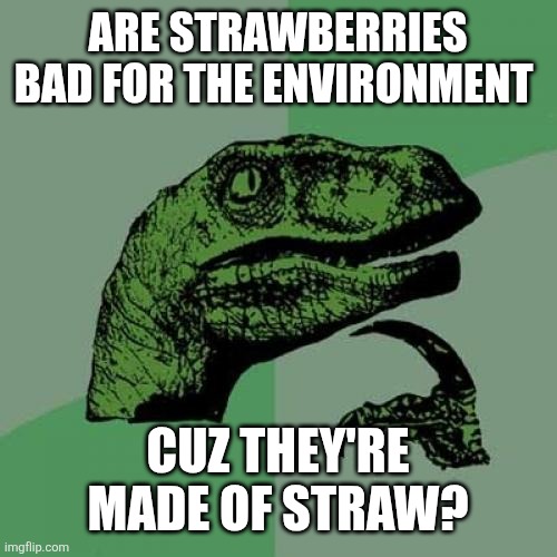 Philosoraptor Meme | Are strawberries bad for the environment; Cuz they're made of straw? | image tagged in memes,philosoraptor | made w/ Imgflip meme maker