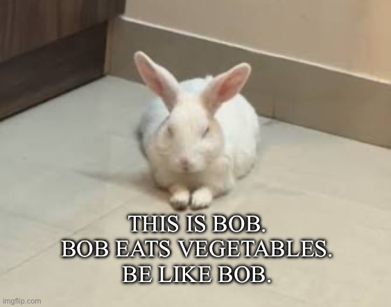 This is Bob. 
Bob eats vegetables. 
Be like Bob. | made w/ Imgflip meme maker