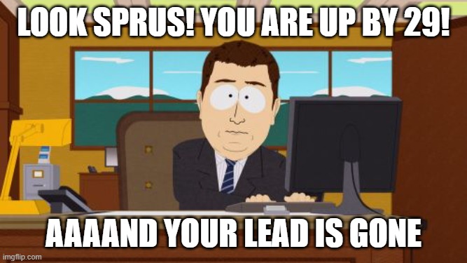 ABSOLUTE CINEMA. | Look sprus! You are up by 29! Aaaand your lead is gone | image tagged in memes,aaaaand its gone,2026,nba finals,nba memes | made w/ Imgflip meme maker