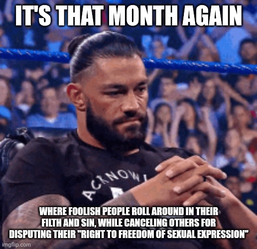 Tribal Truths #4: Pride is a sin | It's that month again; Where foolish people roll around in their filth and sin, while canceling others for disputing their "right to freedom of sexual expression" | image tagged in roman reigns disappointed | made w/ Imgflip meme maker