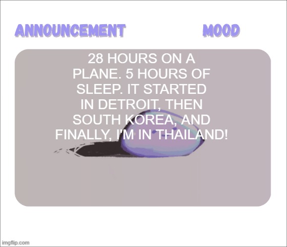 will post airplane images once i get it | 28 hours on a plane. 5 hours of sleep. It started in Detroit, then South Korea, and finally, i'm in Thailand! | image tagged in petrock's temp | made w/ Imgflip meme maker