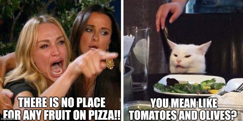 Pizza and fruit controversy | There is no place for any fruit on pizza!! You mean like tomatoes and olives? | image tagged in smudge the cat | made w/ Imgflip meme maker