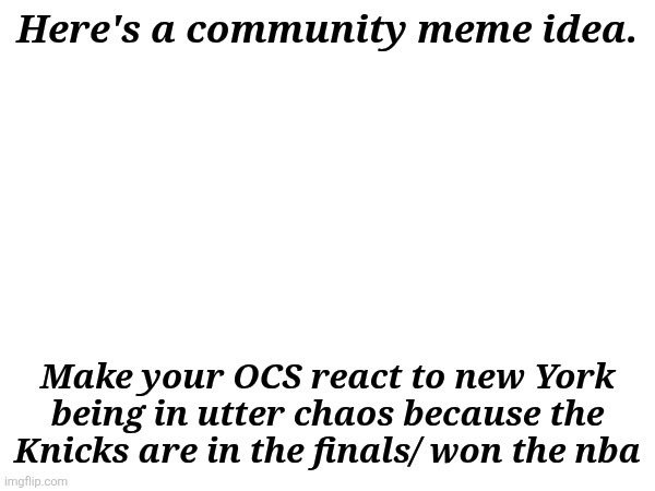 Here's a community meme idea. Make your OCS react to new York being in utter chaos because the Knicks are in the finals/ won the nba | made w/ Imgflip meme maker