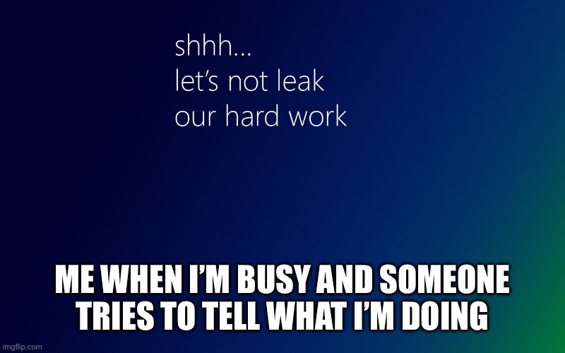 Shhh…let’s not leak our hard work | Me when I’m busy and someone tries to tell what I’m doing | image tagged in shhh let s not leak our hard work | made w/ Imgflip meme maker