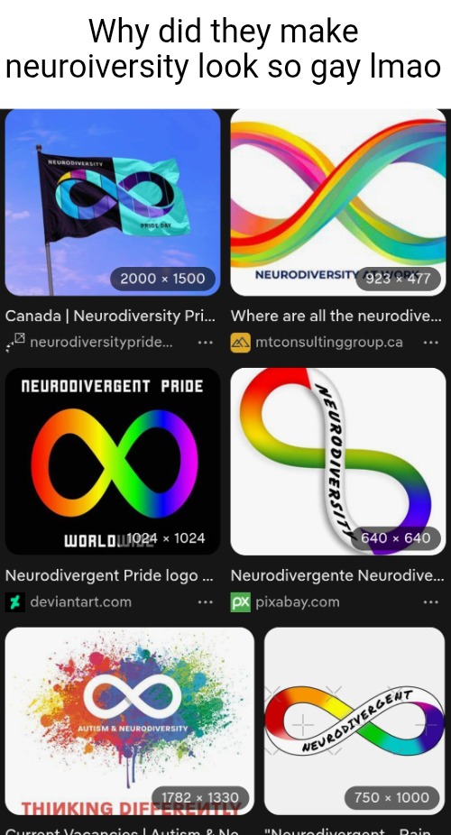 All I searched was "neurodivergent logo" expecting that puzzle piece head thing. Maybe the algorithm changes bc of June | Why did they make neuroiversity look so gay lmao | image tagged in neurodivergent,gay,rainbow,logo,search results,june maybe | made w/ Imgflip meme maker