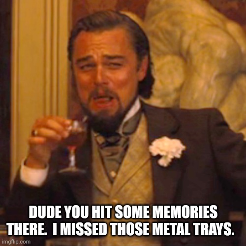 Laughing Leo Meme | Dude you hit some memories there.  I missed those metal trays. | image tagged in memes,laughing leo | made w/ Imgflip meme maker