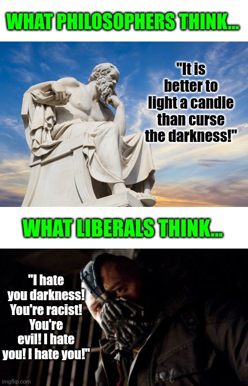 We could REALLY use a lot more philosophers and a lot less activists today | What Philosophers think... "It is better to light a candle than curse the darkness!"; What Liberals think... "I hate you darkness! You're racist! You're evil! I hate you! I hate you!" | image tagged in philosophy,hollywood liberals,liberal hypocrisy,college liberal,think about it,reality | made w/ Imgflip meme maker