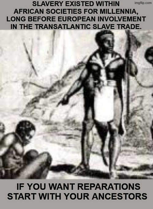 if you want reparations start with your ancestors | SLAVERY EXISTED WITHIN AFRICAN SOCIETIES FOR MILLENNIA, LONG BEFORE EUROPEAN INVOLVEMENT IN THE TRANSATLANTIC SLAVE TRADE. IF YOU WANT REPARATIONS START WITH YOUR ANCESTORS | made w/ Imgflip meme maker