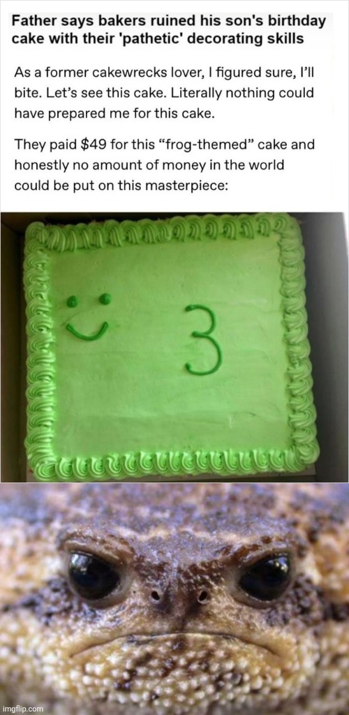"Frog-themed" cake | image tagged in angry frog,frog,cake,themed,memes,you had one job | made w/ Imgflip meme maker