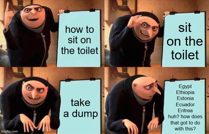 dump on the toilet | how to sit on the toilet; sit on the toilet; take a dump; Egypt
Ethiopia
Estonia
Ecuador
Eritrea
huh? how does
 that got to do 
with this? | image tagged in memes,gru's plan | made w/ Imgflip meme maker