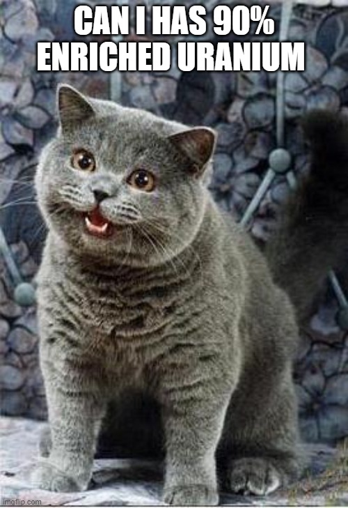 Do not, under any circumstances, give weapons grade uranium to the cat | Can I has 90% enriched uranium | image tagged in i can has cheezburger cat | made w/ Imgflip meme maker