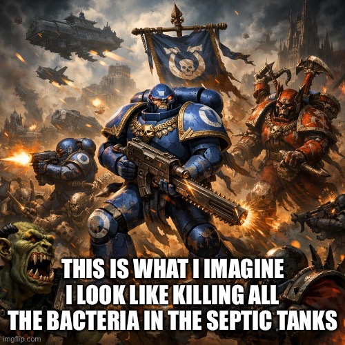 Hard work cleaning septic tanks | This is what I imagine I look like killing all the bacteria in the septic tanks | image tagged in warhammer 40 000 | made w/ Imgflip meme maker