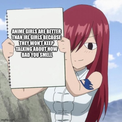 Is this relatable for anyone else | Anime girls are better 
than irl girls because 
they won’t keep 
talking about how 
bad you smell | image tagged in you waifu/husbando suck | made w/ Imgflip meme maker