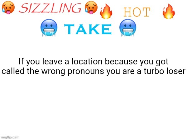 "Um i go by she/her pronouns, its like a knife to the heart when im called sir when i have a thick beard, ok im leaving now" | If you leave a location because you got called the wrong pronouns you are a turbo loser | image tagged in sizzling hot take | made w/ Imgflip meme maker