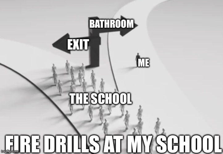 Fire drills for me happen at the worst time | Bathroom; Exit; Me; The school; Fire drills at my school | image tagged in img_3067 jpeg | made w/ Imgflip meme maker