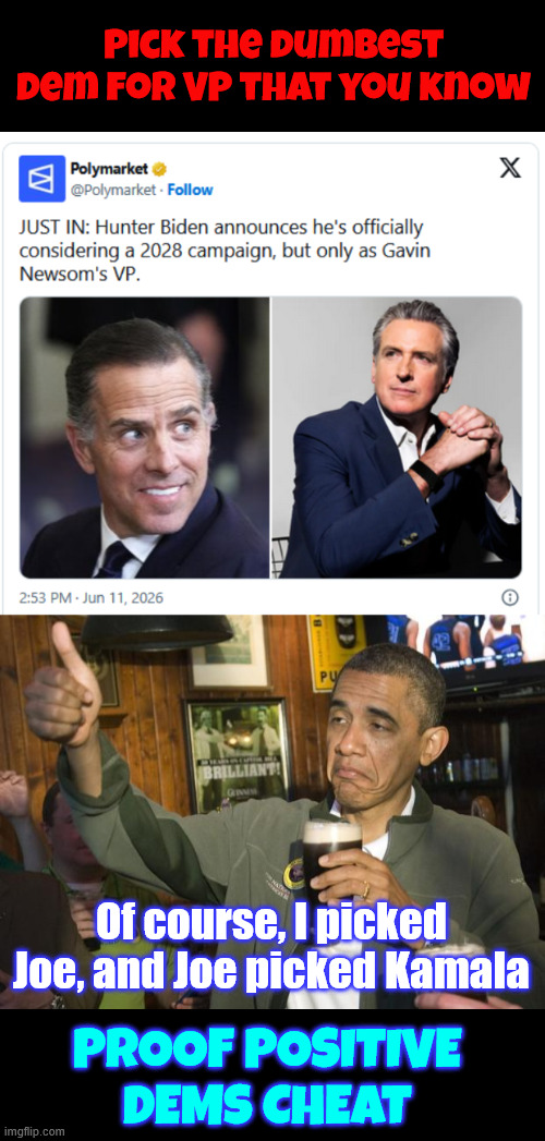 Proof positive dems cheat | Pick the dumbest dem for VP that you know; Of course, I picked Joe, and Joe picked Kamala; Proof positive dems cheat | image tagged in not bad,proof positive dems cheat,dumbest dem for vp,hunter,newsom | made w/ Imgflip meme maker