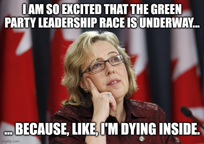 Please Green Party, get your poop in a group! | I am so excited that the Green Party leadership race is underway... ... because, like, I'm dying inside. | image tagged in elizabeth may meme,memes,canada,green party,leadership race 2026,please help me | made w/ Imgflip meme maker