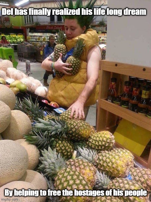 Pineapple Man | Del has finally realized his life long dream; By helping to free the hostages of his people | image tagged in pineapple,savior,living the dream | made w/ Imgflip meme maker