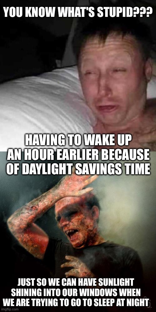 daylight savings time is stupid | You know what's stupid??? Having to wake up an hour earlier because of daylight savings time; just so we can have sunlight shining into our windows when we are trying to go to sleep at night | image tagged in sleepy guy,burning vampire,daylight savings time,stupid,funny | made w/ Imgflip meme maker