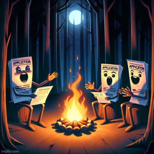 Three job applications sitting around a campfire telling scary s | image tagged in three job applications sitting around a campfire telling scary s | made w/ Imgflip meme maker