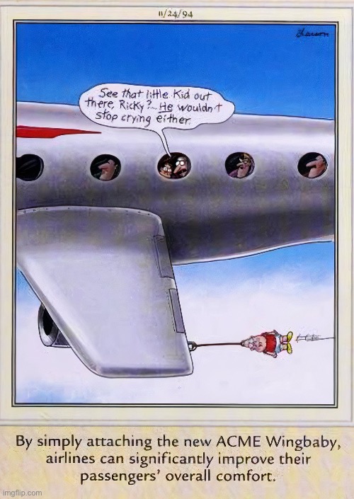 That’s a good idea | image tagged in the far side,comics,airplane,wingbaby,improve comfort,threat | made w/ Imgflip meme maker