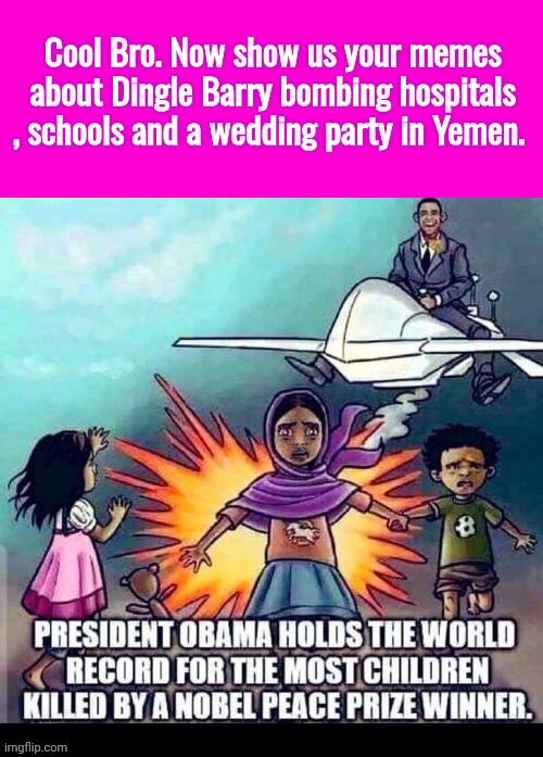 Cool Bro. Now show us your memes about Dingle Barry bombing hospitals , schools and a wedding party in Yemen. | image tagged in blank hot pink background,obama drone | made w/ Imgflip meme maker