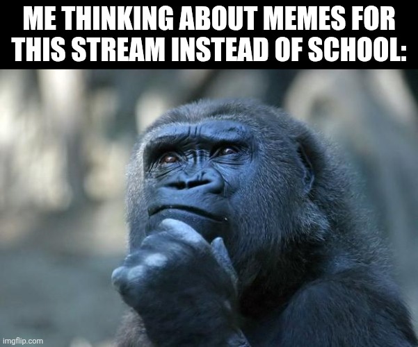 (Mod note: people think about this stream?) | Me thinking about memes for this stream instead of school: | image tagged in deep thoughts | made w/ Imgflip meme maker