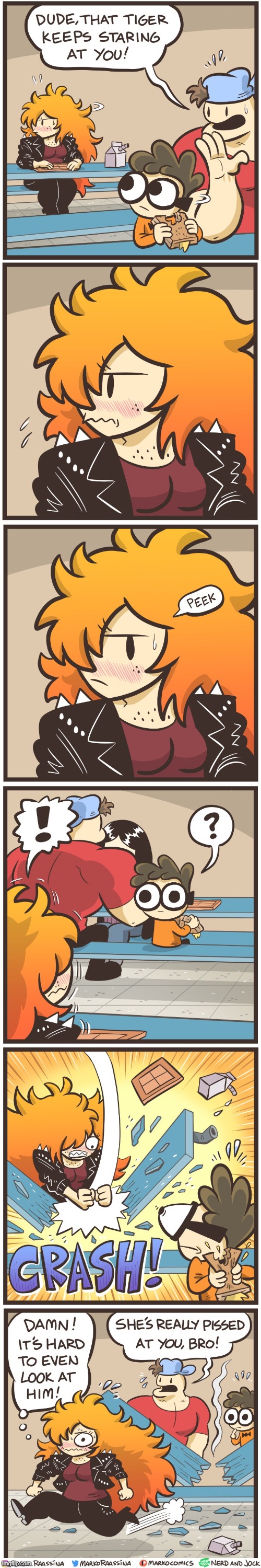 image tagged in jock,nerd,tiger,staring,table,crash | made w/ Imgflip meme maker