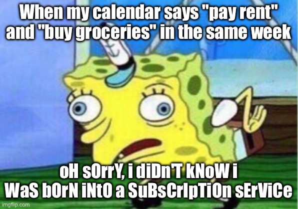 When my calendar says "pay rent" and "buy groceries" in the same week | When my calendar says "pay rent" and "buy groceries" in the same week; oH sOrrY, i diDn'T kNoW i WaS bOrN iNtO a SuBsCrIpTiOn sErViCe | image tagged in memes,mocking spongebob,weekdays,groceries,rent,subscribe | made w/ Imgflip meme maker