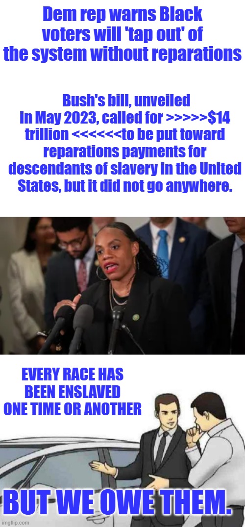 Dem rep warns Black voters will 'tap out' of the system without reparations; Bush's bill, unveiled in May 2023, called for >>>>>$14 trillion <<<<<<to be put toward reparations payments for descendants of slavery in the United States, but it did not go anywhere. Every race has been enslaved one time or another; But we owe them. | image tagged in memes,car salesman slaps roof of car | made w/ Imgflip meme maker
