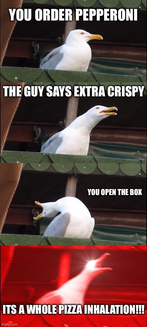 Inhaling Seagull | YOU ORDER PEPPERONI; THE GUY SAYS EXTRA CRISPY; YOU OPEN THE BOX; ITS A WHOLE PIZZA INHALATION!!! | image tagged in memes,inhaling seagull | made w/ Imgflip meme maker