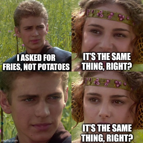 If this is True. | i asked for fries, not potatoes; it’s the same thing, right? it’s the same thing, right? | image tagged in anakin padme 4 panel | made w/ Imgflip meme maker