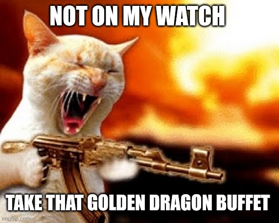 machine gun cat | Not on my watch Take that golden dragon buffet | image tagged in machine gun cat | made w/ Imgflip meme maker