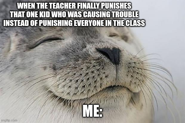 THIS NEEDS TO HAPPEN | When the teacher finally punishes that one kid who was causing trouble instead of punishing everyone in the class; Me: | image tagged in memes,satisfied seal | made w/ Imgflip meme maker