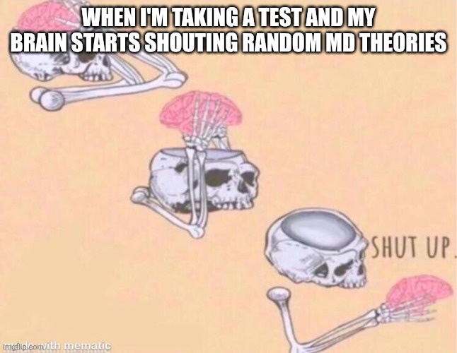 All I need is math, not random spirals about the absolute solver | When I'm taking a test and my brain starts shouting random md theories | image tagged in skeleton shut up meme | made w/ Imgflip meme maker