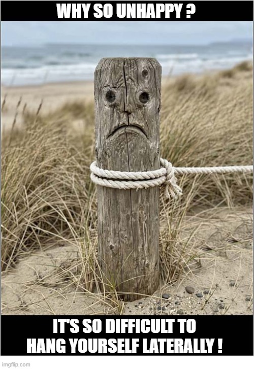 A Sad Post ! | Why so unhappy ? It's so difficult to hang yourself laterally ! | image tagged in sad,post,hanging,sideways | made w/ Imgflip meme maker
