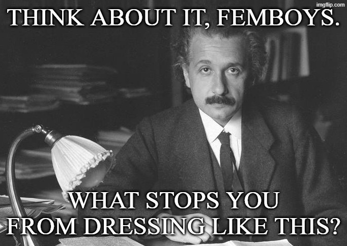 Think About It, Femboys. | Think about it, femboys. What stops you from dressing like this? | image tagged in einstein suit and tie,memes,albert einstein,question | made w/ Imgflip meme maker
