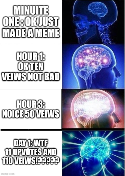 Expanding Brain | minuite one : Ok just made a meme; hour 1: ok ten veiws not bad; hour 3: noice 50 veiws; day 1: WTF 11 upvotes and 110 veiws!????? | image tagged in memes,expanding brain | made w/ Imgflip meme maker