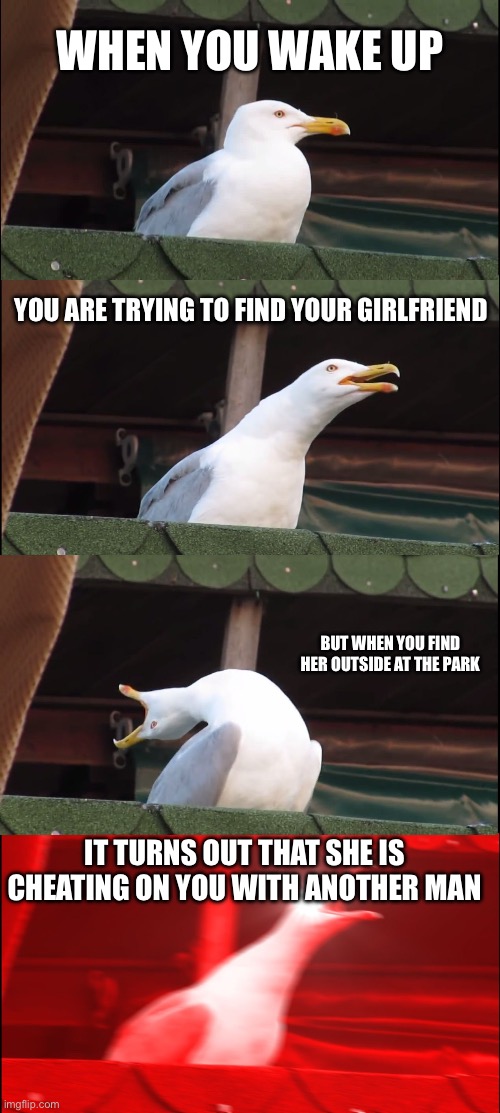 Inhaling Seagull Meme | When you wake up; You are trying to find your girlfriend; But when you find her outside at the park; It turns out that she is cheating on you with another man | image tagged in memes,inhaling seagull | made w/ Imgflip meme maker