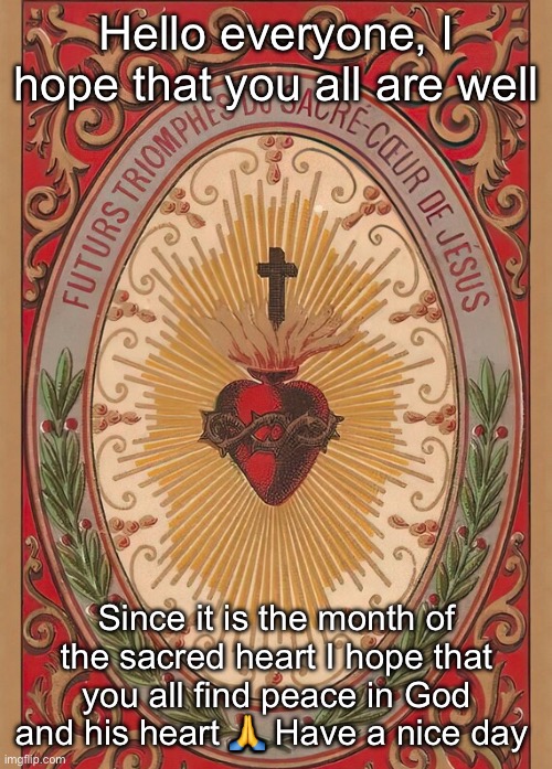 IMG_1186.jpeg | Hello everyone, I hope that you all are well; Since it is the month of the sacred heart I hope that you all find peace in God and his heart 🙏 Have a nice day | made w/ Imgflip meme maker