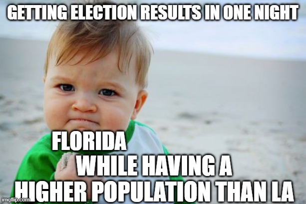 Success Kid Original Meme | Getting election results in one night; Florida; while having a higher population than LA | image tagged in memes,success kid original | made w/ Imgflip meme maker